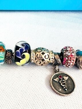 PANDORA ~ Sterling Silver Charm Bracelet w/Multi-Color Glass & Pink Ribbon Charm